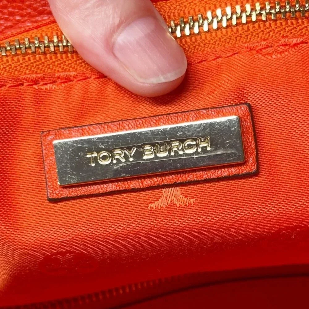 Tory Burch Red Pebble Leather Large Duel Handle Tote Bag